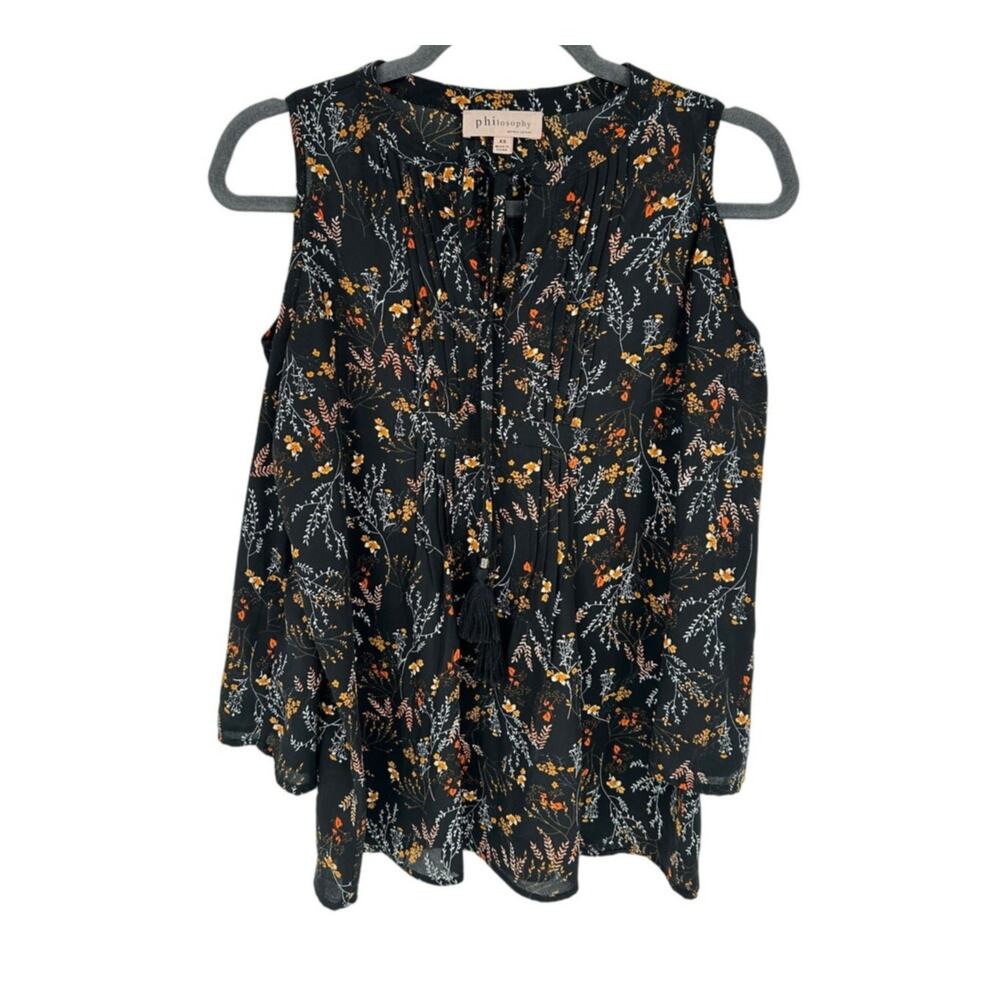 Philosophy Size XS Black Orange Floral Cold Shoulder Blouse Tassel Chiffon Boho
